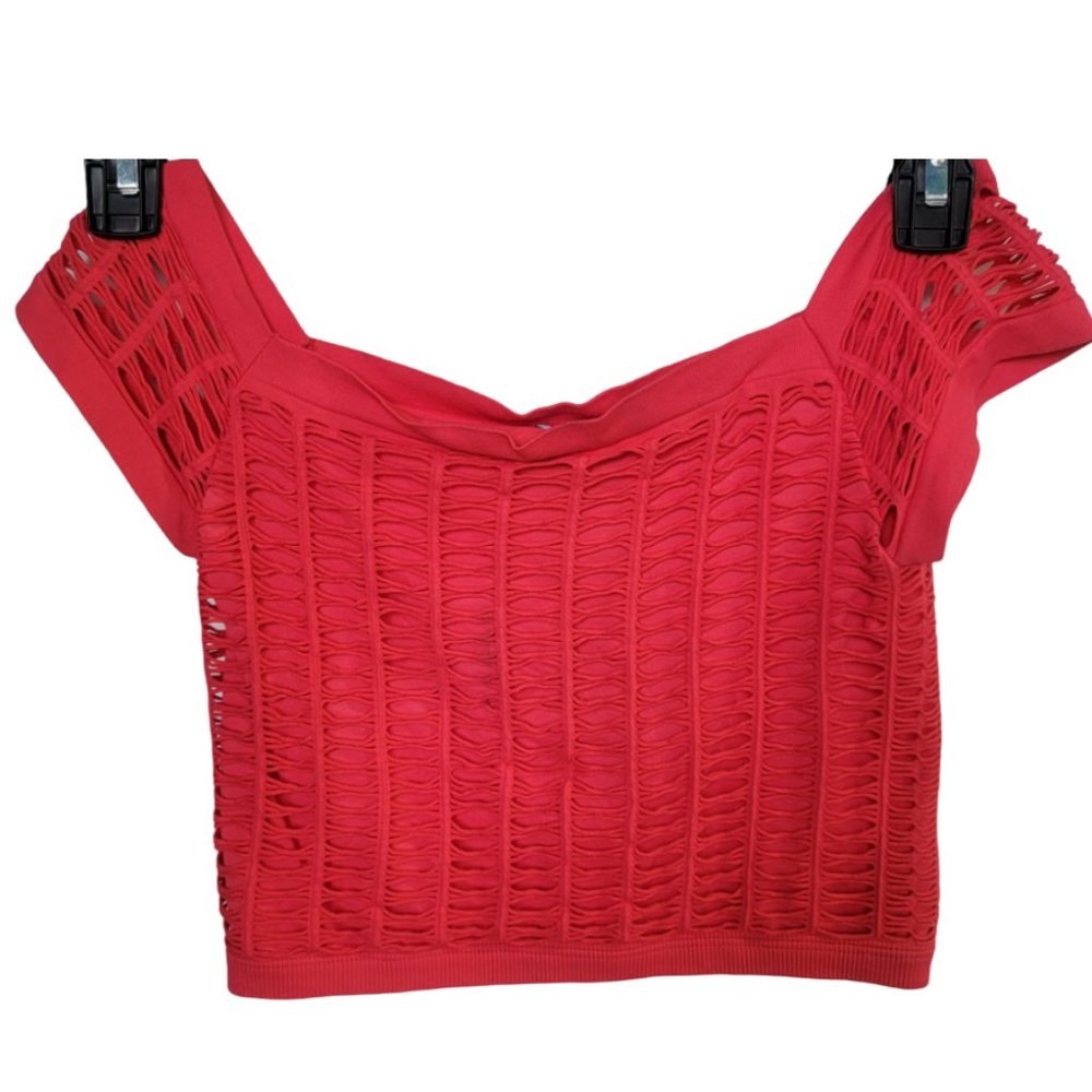 NWT Sz M/L Women's Bebe pink space knit lined square neck mesh stretch Crop top